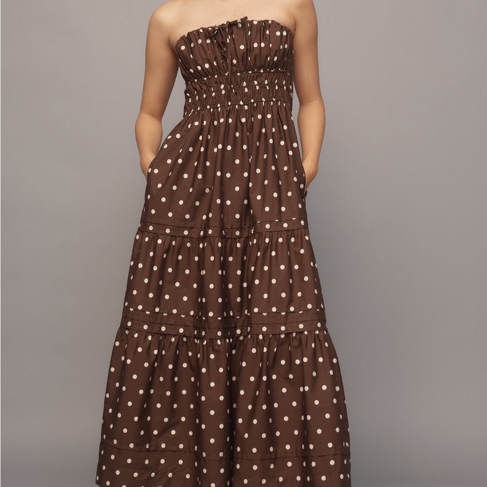Brown Polka Dot Strapless Maxi Dress
